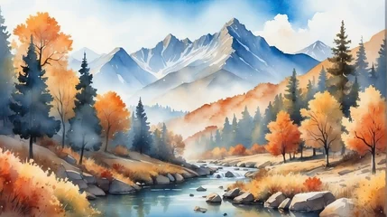 Poster Watercolor painting illustration of beautiful autumn landscape on mountains from Generative AI © SevenThreeSky