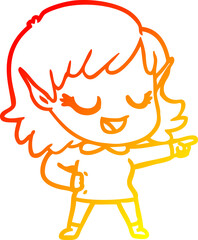 warm gradient line drawing happy cartoon elf girl pointing