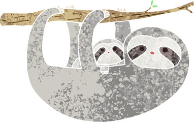 quirky retro illustration style cartoon sloth and baby © lineartestpilot