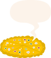 cartoon double cheese pizza and speech bubble in retro style