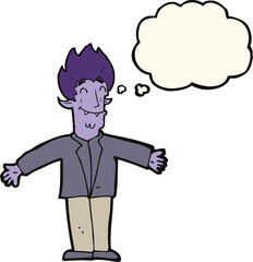 cartoon happy vampire with thought bubble