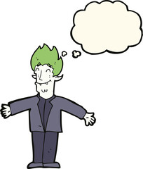 cartoon happy vampire with thought bubble