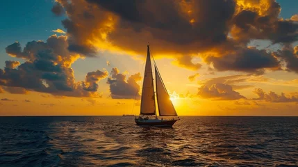 Schilderijen op glas a sailboat sailing in the sea at sunset © urdialex
