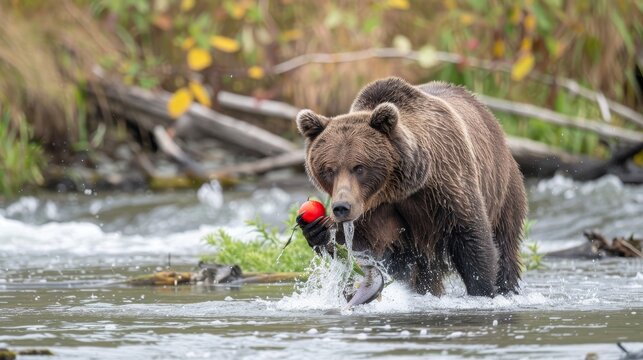 a greezly bear hunting salmons in a river in Alaka