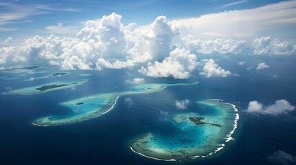 aerial view of atoll islands in the pacific sea - obrazy, fototapety, plakaty