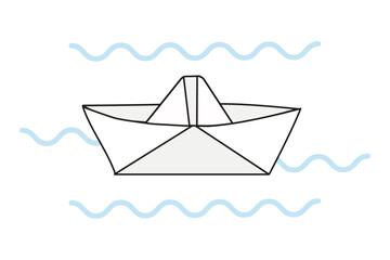 A vector illustration of a white simple paper boat in the waves, flat design vector