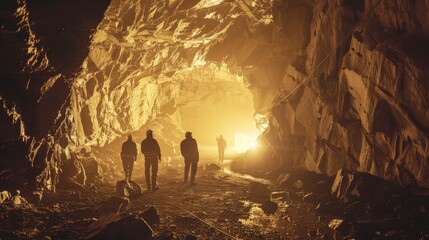 speleologists exploring inside a cave - obrazy, fototapety, plakaty