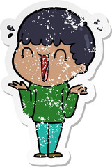distressed sticker of a laughing cartoon man shrugging shoulders