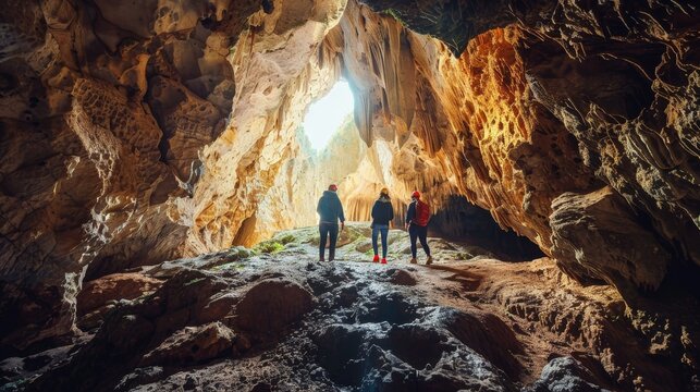 speleologists exploring inside a cave