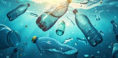 Plastic garbage bottles under the sea. Plastic bottles floating in the ocean