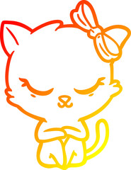 warm gradient line drawing cute cartoon cat with bow