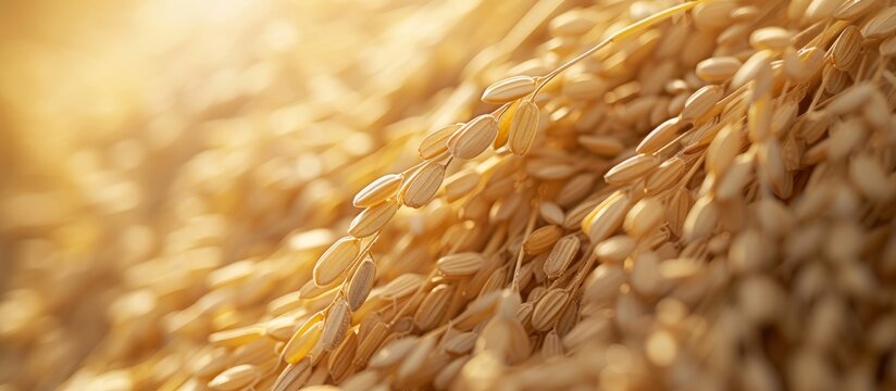 Golden wheat field at sunset with warm sunlight shining through the crops