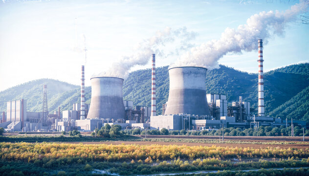 Power plant with smoke from chimneys on a background of green hills