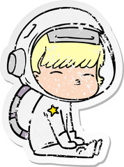 distressed sticker of a cartoon curious astronaut