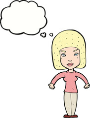 cartoon woman shrugging shoulders with thought bubble