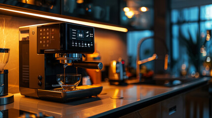 Fototapeta premium Modern technological kitchen with appliances coffee machine cooker and refrigerator