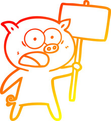 warm gradient line drawing cartoon pig protesting