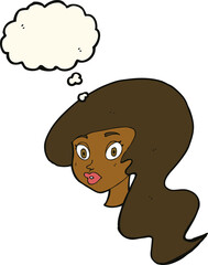 cartoon pretty female face with thought bubble