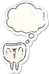 cartoon happy tooth and thought bubble as a distressed worn sticker