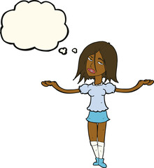 cartoon woman shrugging shoulders with thought bubble