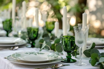 A table is set with green and white dinnerware, including plates, glasses