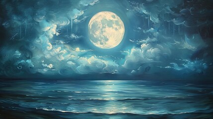 A dreamscape where the moon drips like molten silver onto a tranquil sea. Oil art painting. 