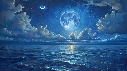 A dreamscape where the moon drips like molten silver onto a tranquil sea. Oil art painting.  - obrazy, fototapety, plakaty