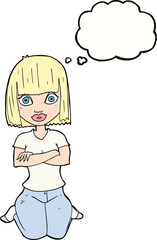 cartoon woman kneeling with thought bubble