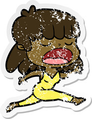 distressed sticker of a cartoon woman talking loudly