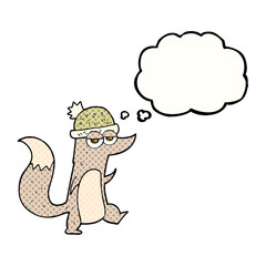 thought bubble cartoon little wolf wearing hat