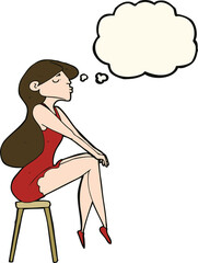 cartoon woman sitting on stool with thought bubble