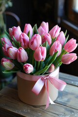 Close-up of pink tulips in a round gift box with ribbon on a wooden table.