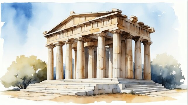 Watercolor architectural illustration of an ancient greek temple shrine from Generative AI