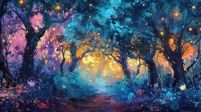 A whimsical forest scene at twilight, where the trees are painted with vibrant, impasto techniques. Oil painting. 