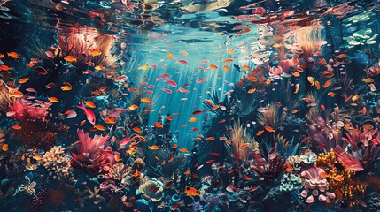 Fototapeta na wymiar An underwater scene where the ocean's depths are rendered in deep, impasto textures teeming with abstract fish and coral formations. Oil painting. 