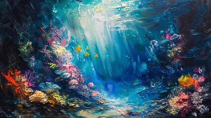 An underwater scene where the ocean's depths are rendered in deep, impasto textures teeming with abstract fish and coral formations. Oil painting. 