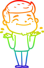 rainbow gradient line drawing happy cartoon man shrugging