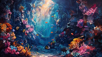 Fototapeta na wymiar An underwater scene where the ocean's depths are rendered in deep, impasto textures teeming with abstract fish and coral formations. Oil painting. 