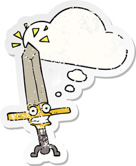 cartoon magic sword and thought bubble as a distressed worn sticker