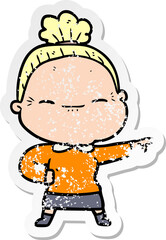 distressed sticker of a cartoon peaceful old woman