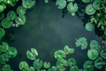 Top view of lily pads on a tranquil water surface, suitable for nature themes.