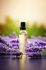 A sleek small bottle standing amidst a bed of lavender blooms. Mockup of natural products, essential oils, or herbal remedies