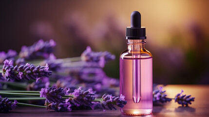 A small pink dropper bottle, placed amidst fragrant lavender flowers. Concept: mockup for natural products, essential oils, or herbal remedies