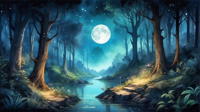 Watercolor painting illustration of panoramic landscape view of fantasy magical forest at night from Generative AI