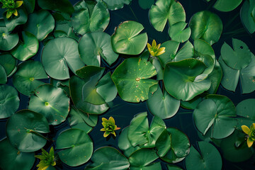 Top view of green lily pads and yellow flowers in a pond.
