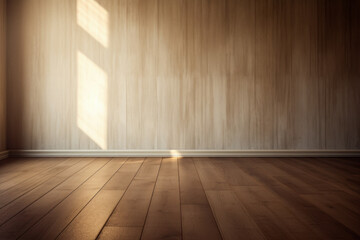 Naklejka premium Empty room with wooden floor and sunlight on the wall