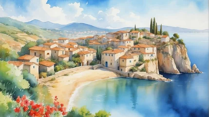 Fototapeten Watercolor painting illustration of panoramic landscape view of mediterranean village from Generative AI © SevenThreeSky