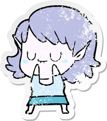 distressed sticker of a happy cartoon elf girl
