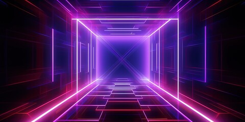 Abstract neon light geometric background. Glowing neon lines. Empty futuristic stage laser. Colorful rectangular laser lines. Square tunnel. Night club empty room.