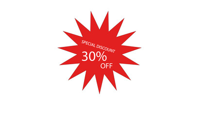30% off symbol with red color star shape. 